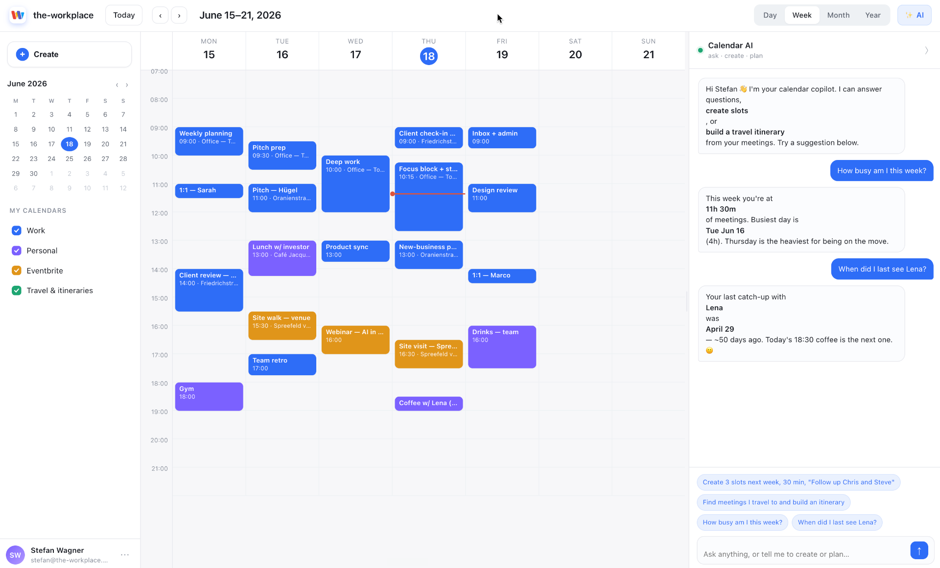 the workplace week view with calendar and AI copilot
